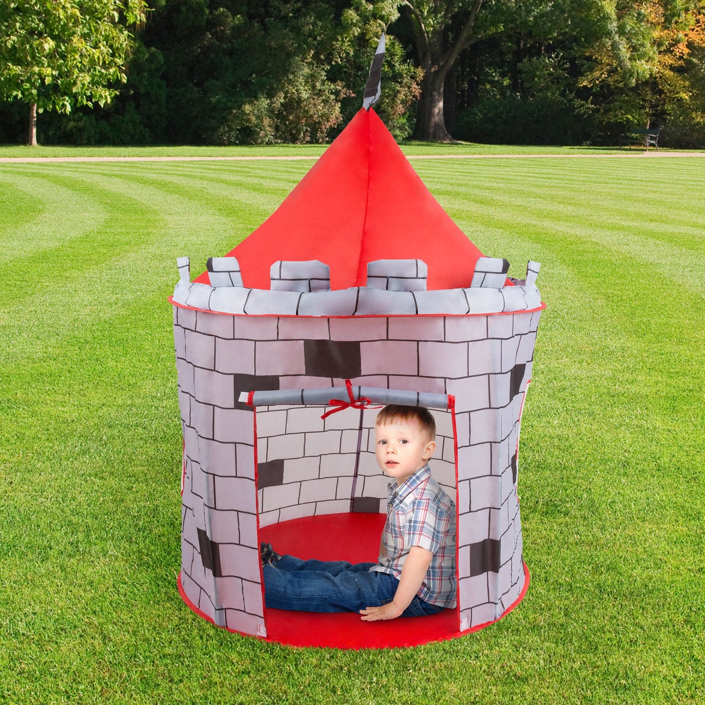 Kids Play Tent, Knight Castle- Pop Up Boys Playhouse Hut for Indoor/Outdoor, Red and Gray Playroom Toy- Foldable with Carrying Bag by Hey! Play!