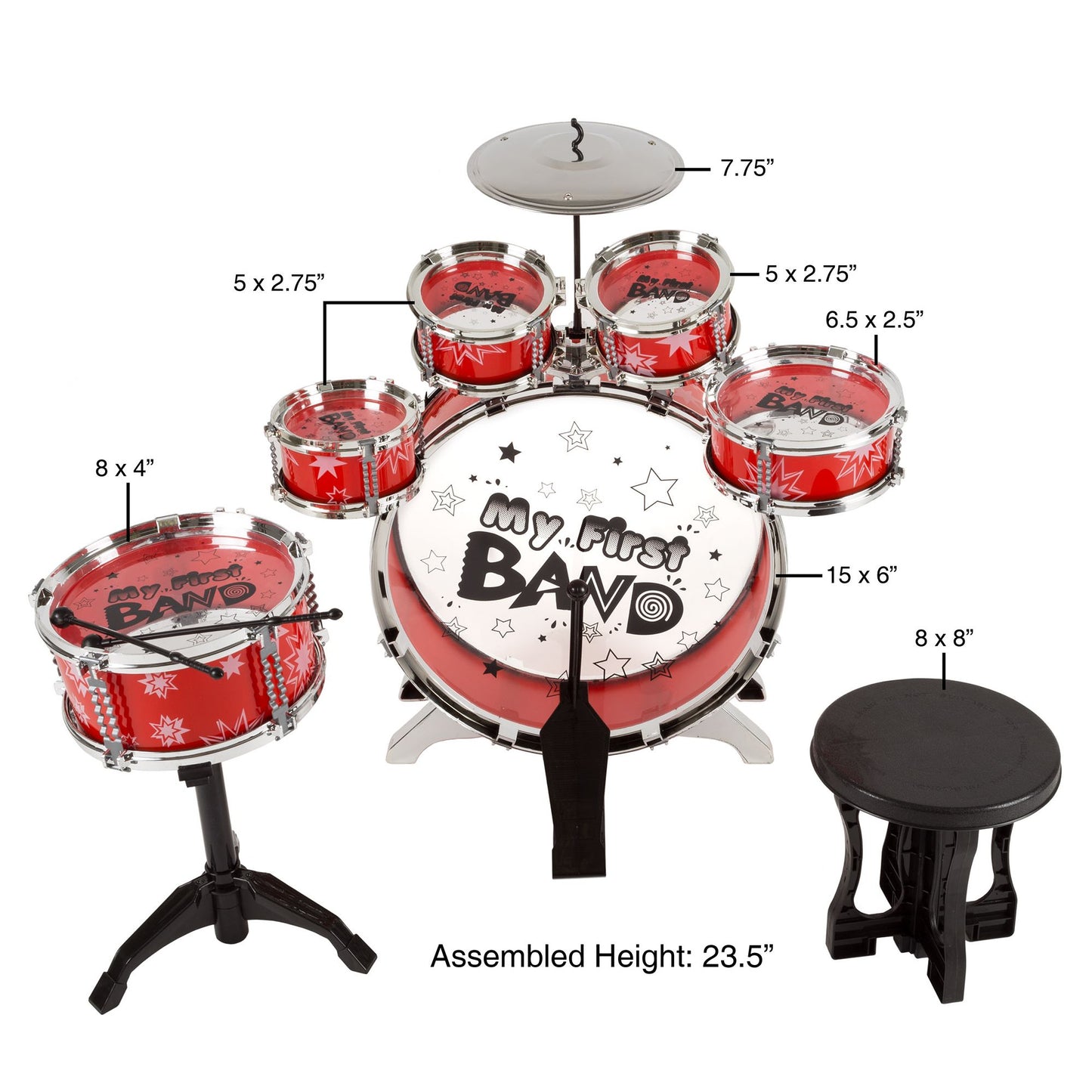 Toy Drum Set for Kids, 7 Piece Set with Bass Drum with Foot Pedal, Tom Drums, Cymbal, Stool and Drumsticks for Toddlers, Boys and Girls by Hey! Play!