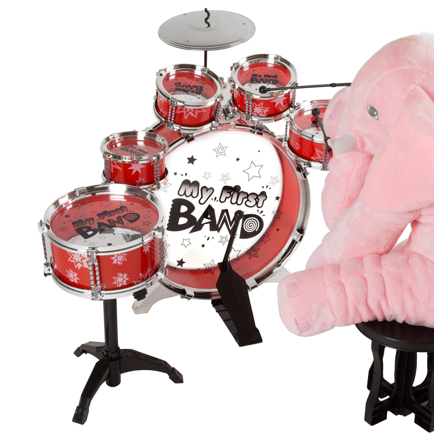 Toy Drum Set for Kids, 7 Piece Set with Bass Drum with Foot Pedal, Tom Drums, Cymbal, Stool and Drumsticks for Toddlers, Boys and Girls by Hey! Play!
