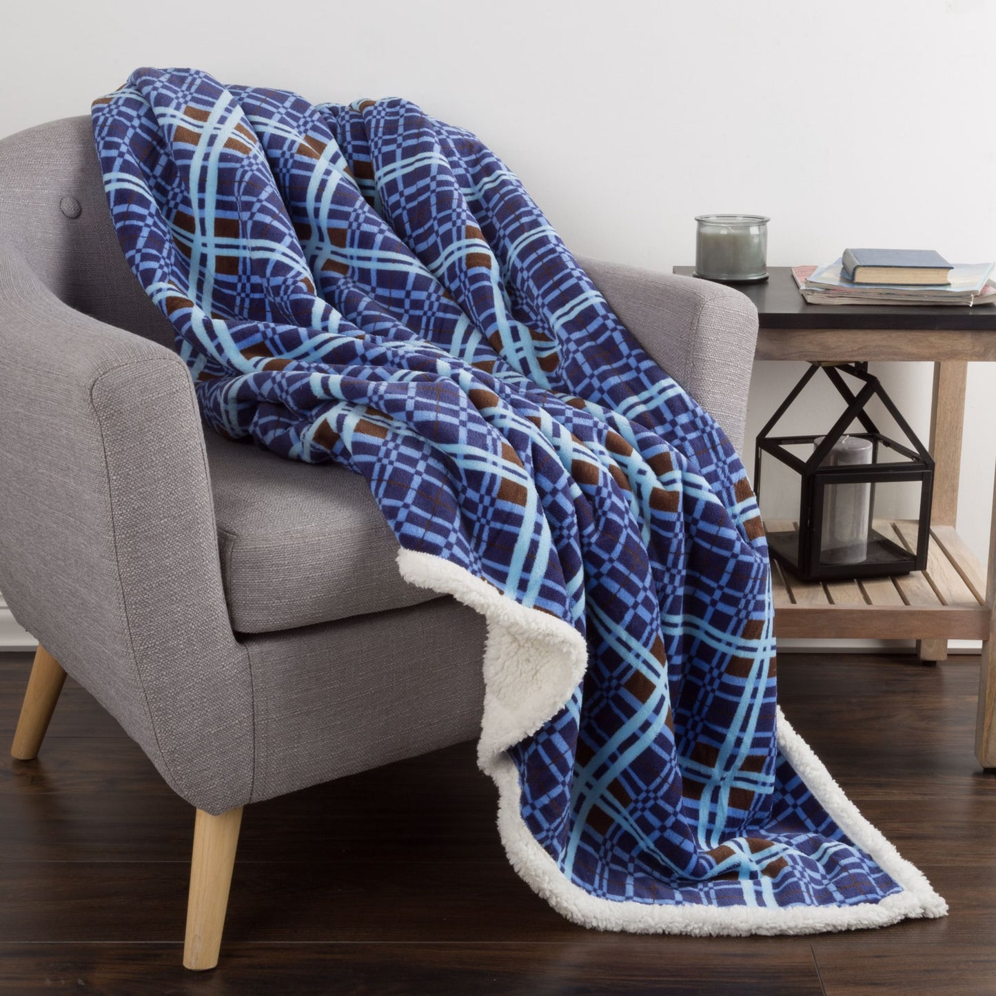 Sherpa Fleece Throw Blanket With Blue and Brown Plaid Pattern Lightweight Hypoallergenic Bed or Couch Soft Plush Blanket (60" x 70") by Lavish Home