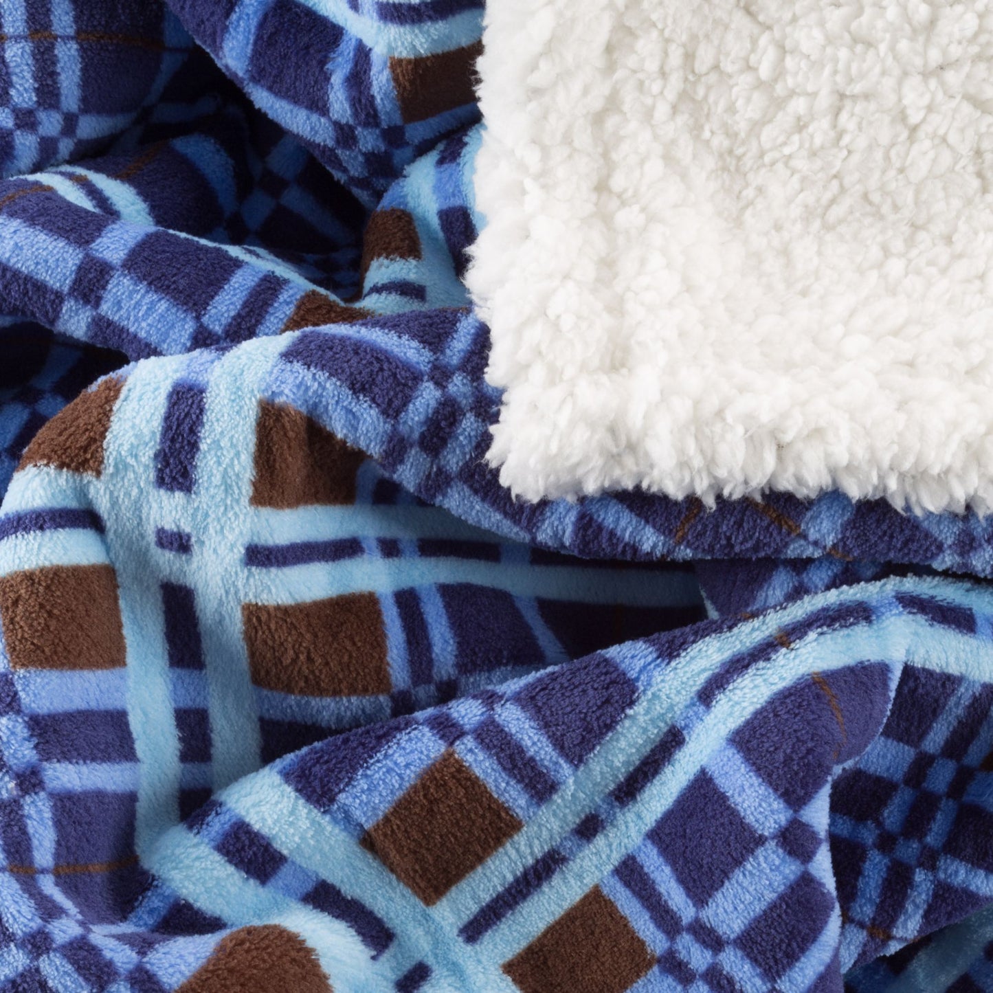 Sherpa Fleece Throw Blanket With Blue and Brown Plaid Pattern Lightweight Hypoallergenic Bed or Couch Soft Plush Blanket (60" x 70") by Lavish Home