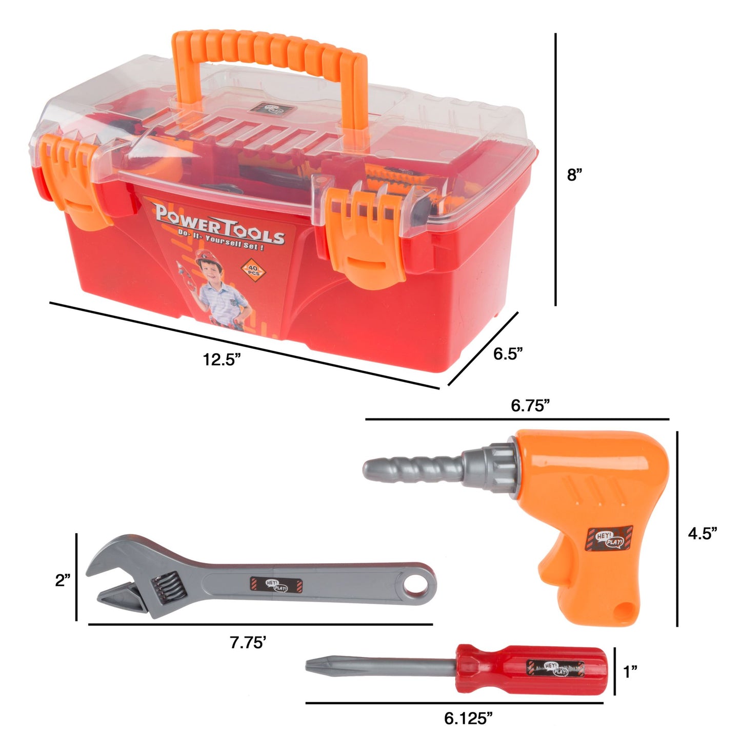 40-Piece Toy Tool Box Set Pretend Play Construction Handyman Set for Boys and Girls-Includes Hammer, Screwdrivers, Drill, Bolts and More by Hey! Play!
