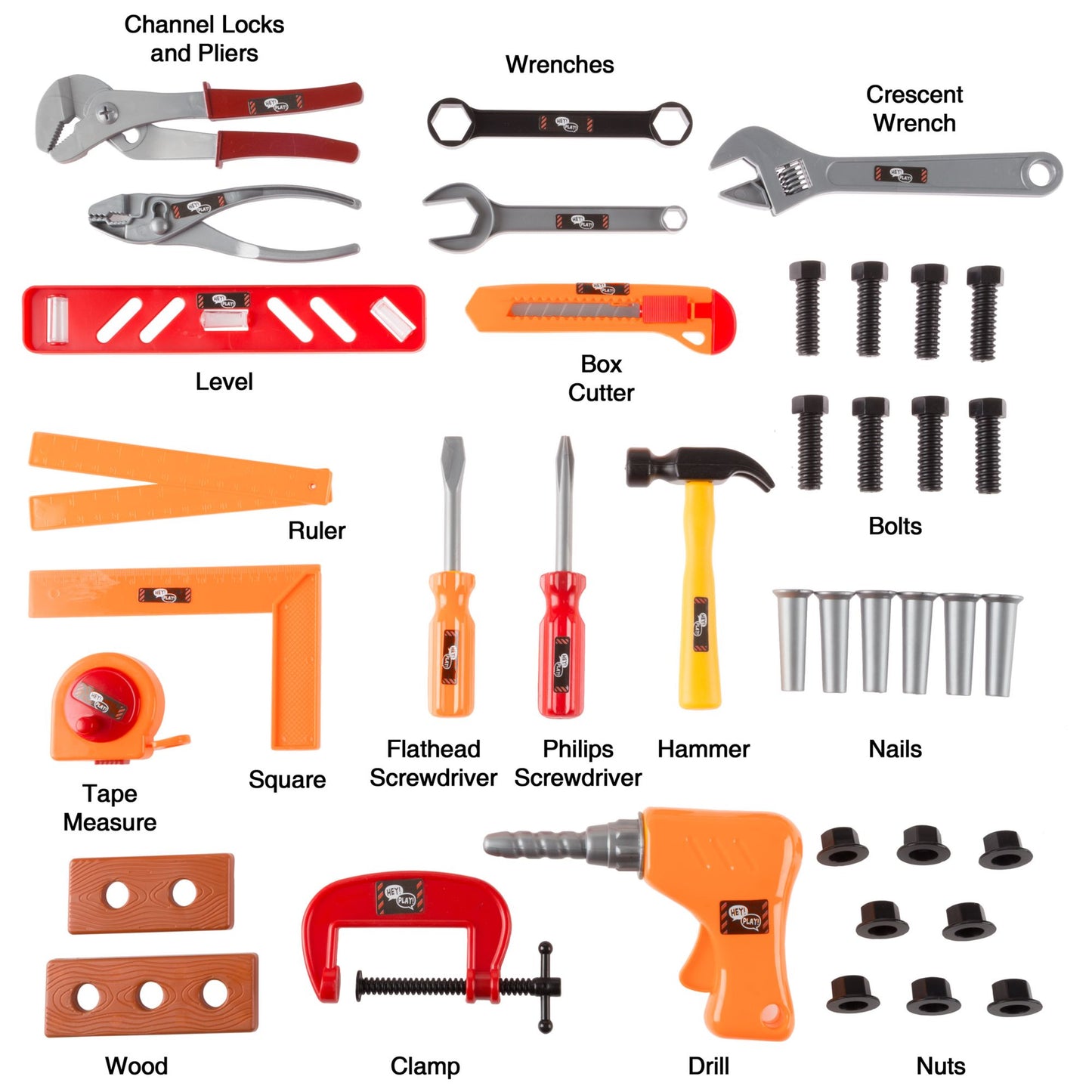 40-Piece Toy Tool Box Set Pretend Play Construction Handyman Set for Boys and Girls-Includes Hammer, Screwdrivers, Drill, Bolts and More by Hey! Play!