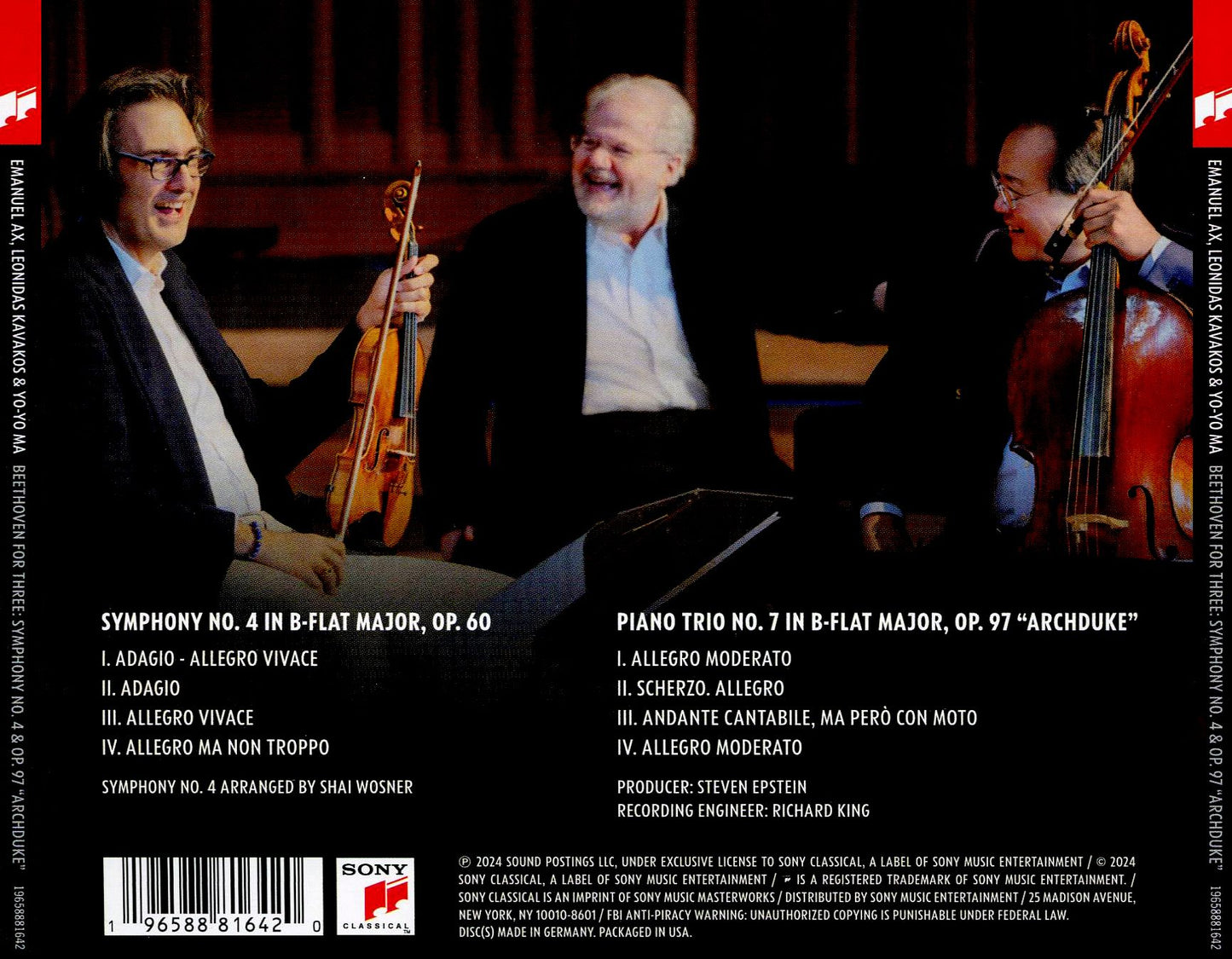 Beethoven For Three: Sym 4 & Op 97 Archduke (Emanuel Ax / Leonidas Kavakos / Yo-Yo Ma)