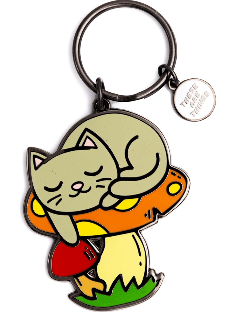 Sleeping Cat Mushroom Enamel Keychain