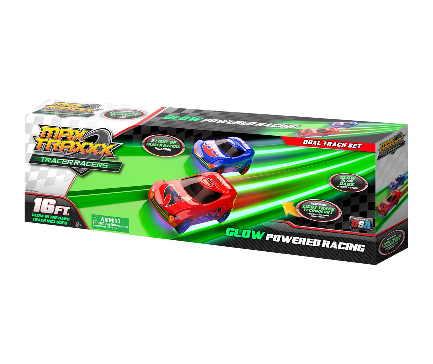 Max Traxxx 16 Ft. Tracer Racer Glow-In-The-Dark Duel Track Race Set - 2 Cars