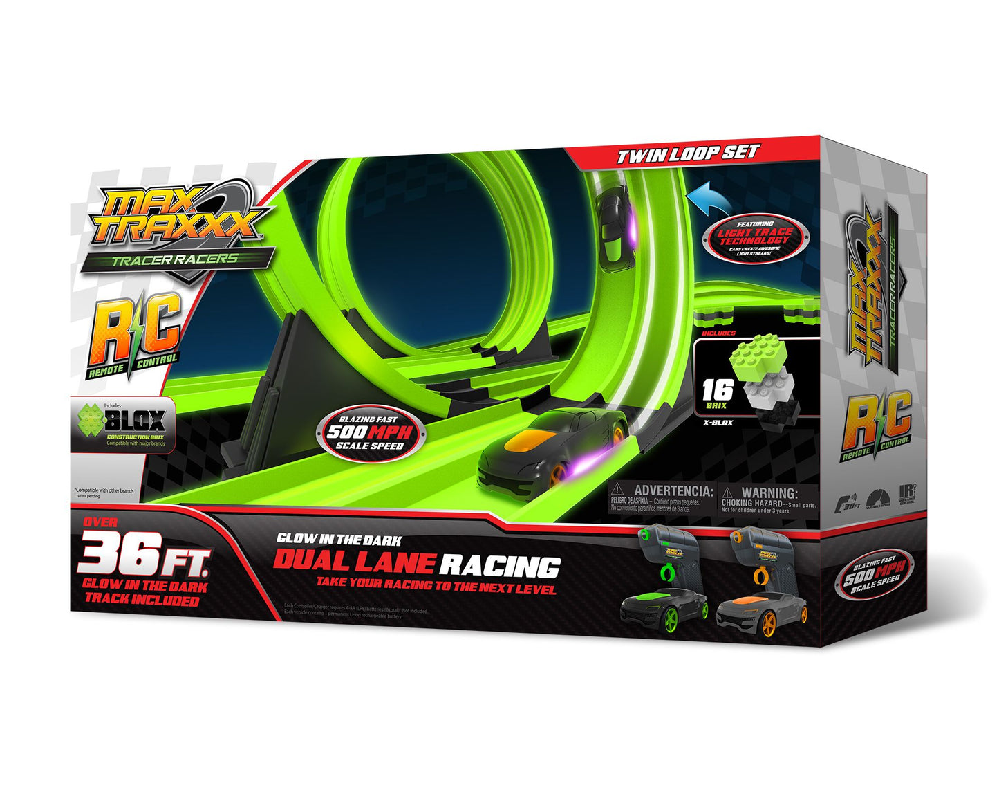 Max Traxxx Tracer Racer Glow-In-The-Dark R/C Dual Loop Set - 36' Track