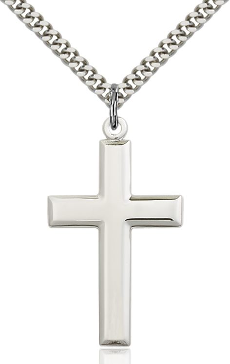 Sterling Silver High Polished Cross on a 24-Inch Rhodium Plated Chain.