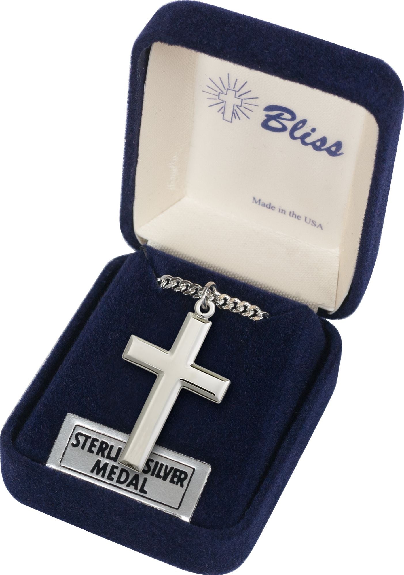 Sterling Silver High Polished Cross on a 24-Inch Rhodium Plated Chain.