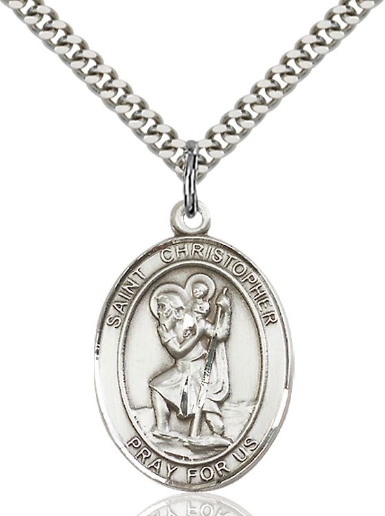 Sterling Silver St. Christopher Pendant on a 24-Inch Rhodium Plated Chain.