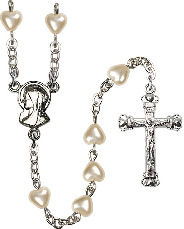 Rhodium Plated Faux Pearl Heart Rosary