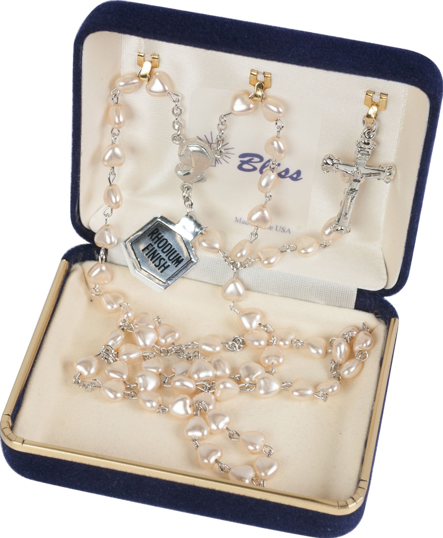 Rhodium Plated Faux Pearl Heart Rosary