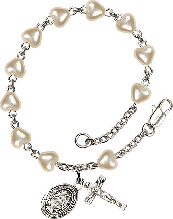 Rhodium Plated Faux Pearl Heart Rosary Bracelet