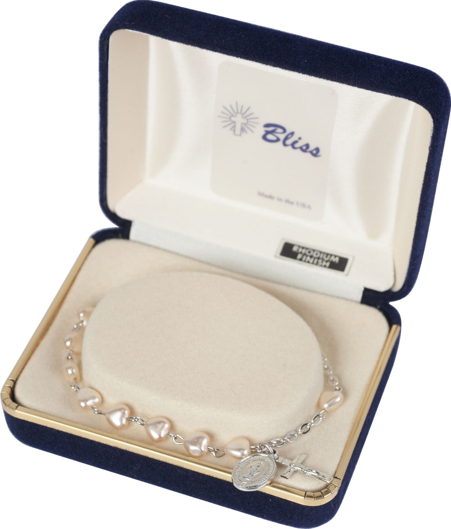 Rhodium Plated Faux Pearl Heart Rosary Bracelet