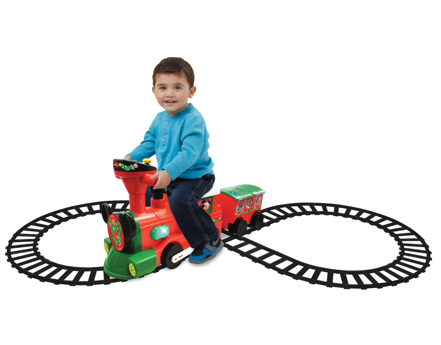 Kiddieland Disney Mickey & Minnie Mouse 2-in-1 Battery-Powered Christmas Train with Caboose