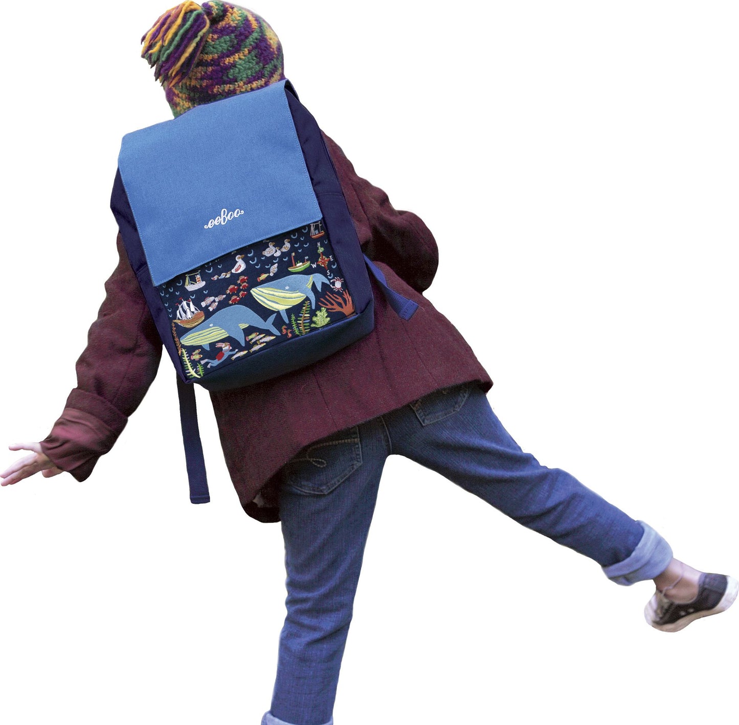 Happy Whales Embroidered Large Backpack