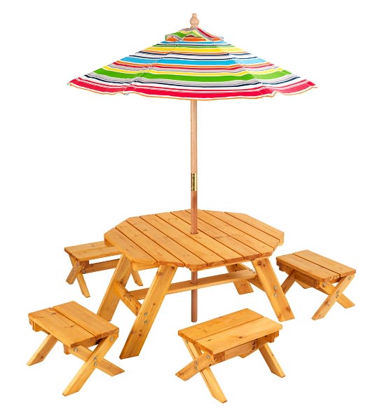 KidKraft Octagon Table and 4 Stools with Multi Striped Umbrella