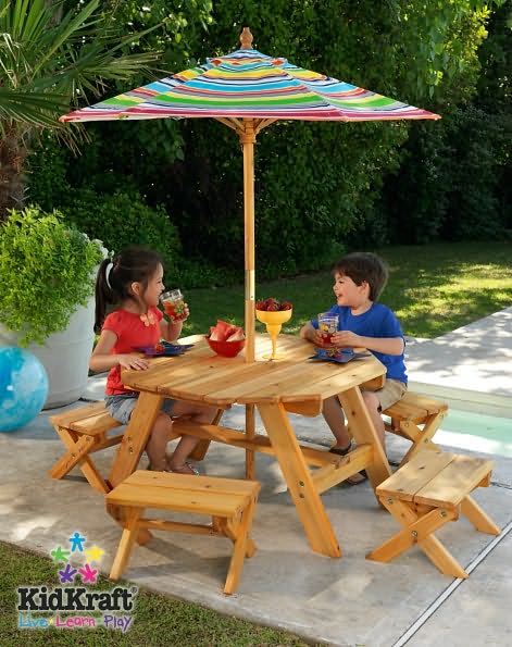 KidKraft Octagon Table and 4 Stools with Multi Striped Umbrella