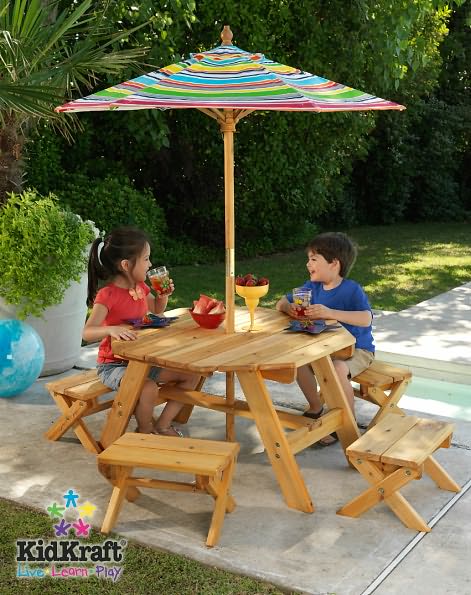 KidKraft Octagon Table and 4 Stools with Multi Striped Umbrella