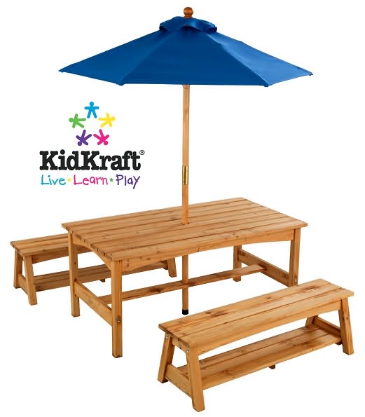 KidKraft Table and Benches with Blue Umbrella