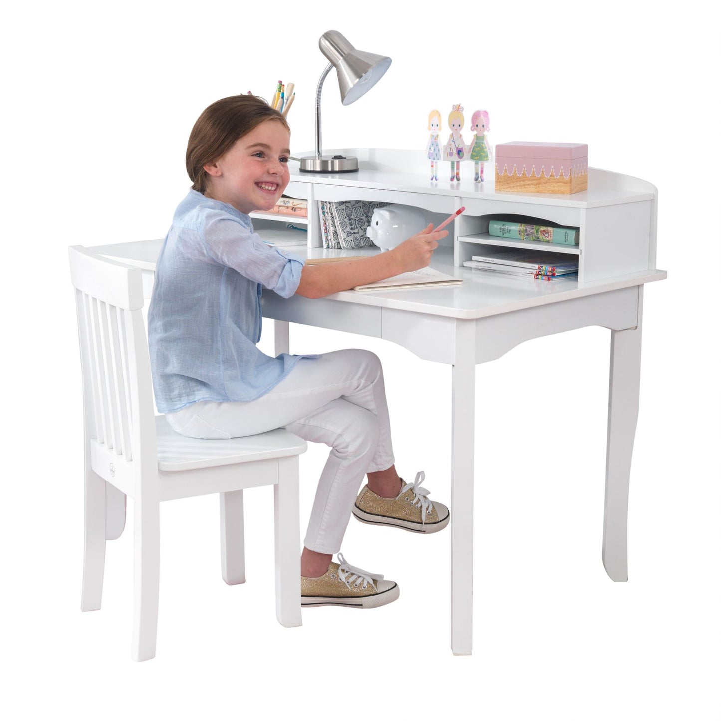 Avalon 40" W Desk with Hutch and Chair in White