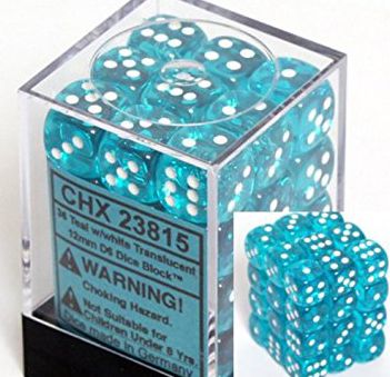 Translucent 12mm d6 Teal/white Dice Block (36 dice)