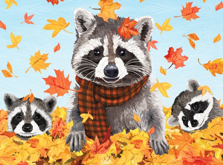 Thanksgiving Greeting Card Raccoon Family in Leaves