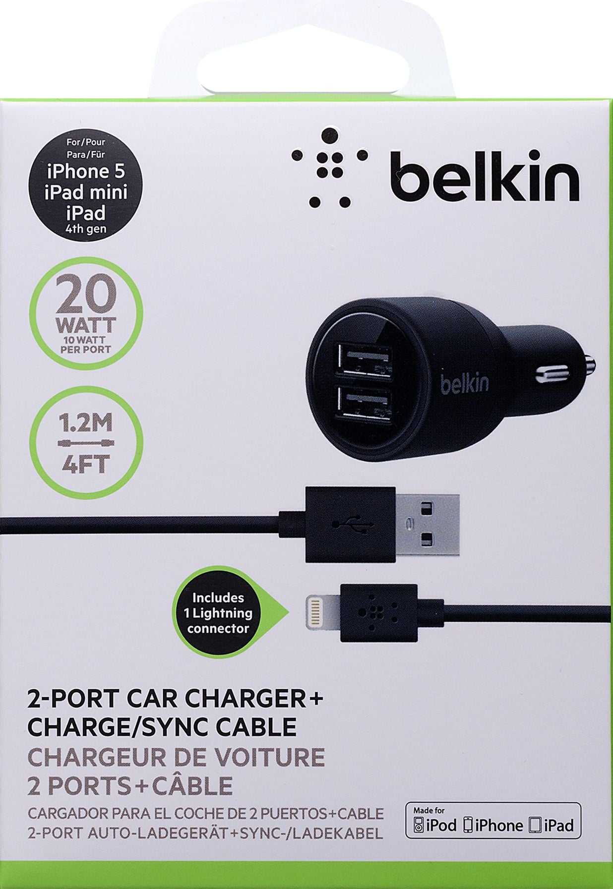 Belkin F8J071bt04-BLK Dual USB Car Charger, 4.2A / 20W w/Charge-Sync Cable (1.2m)