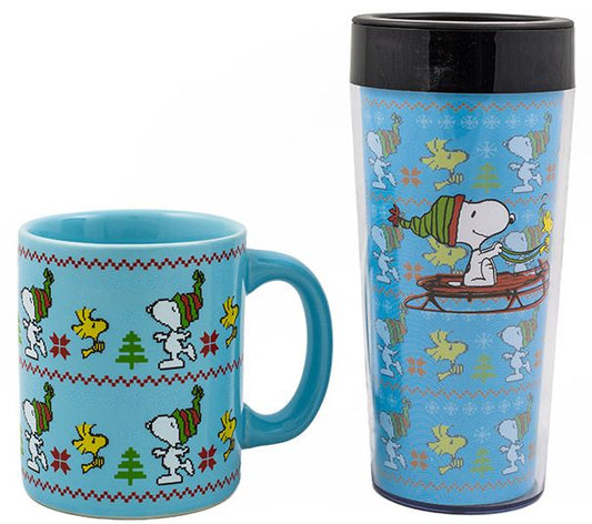 Peanuts Holiday Ugly Sweater 16 oz Plastic Travel Mug & 12 oz Ceramic Mug Gift Set