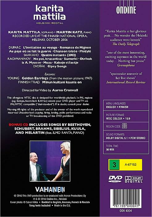 Karita Mattila: Helsinki Recital - Duparc/Saariaho/Rachmaninov/Dvorak [2 Discs]