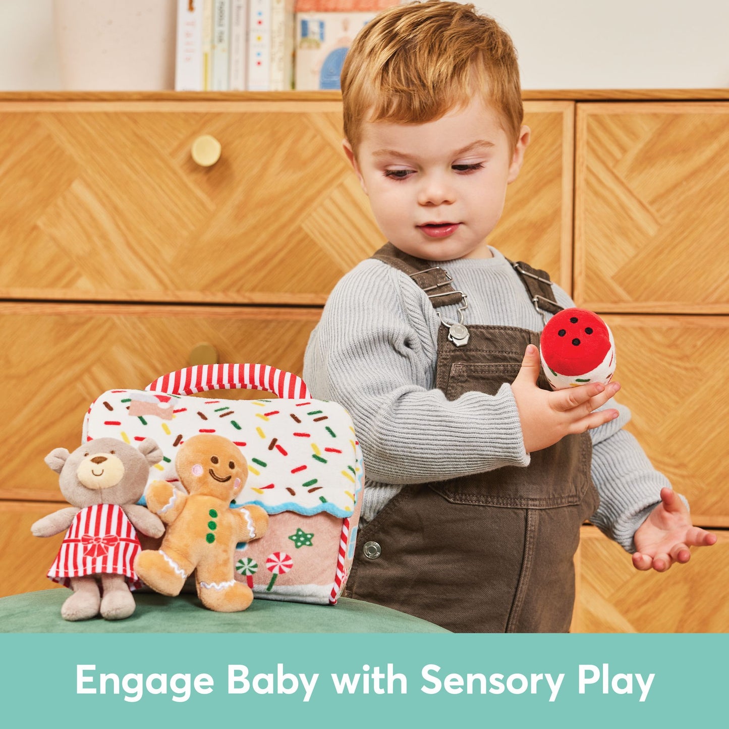 Baby GUND Play Soft Collection, My First Gingerbread House 5-Piece Playset with Rattle Squeaker and Crinkle Plush Toys Sensory Toy for Babies 7.5"