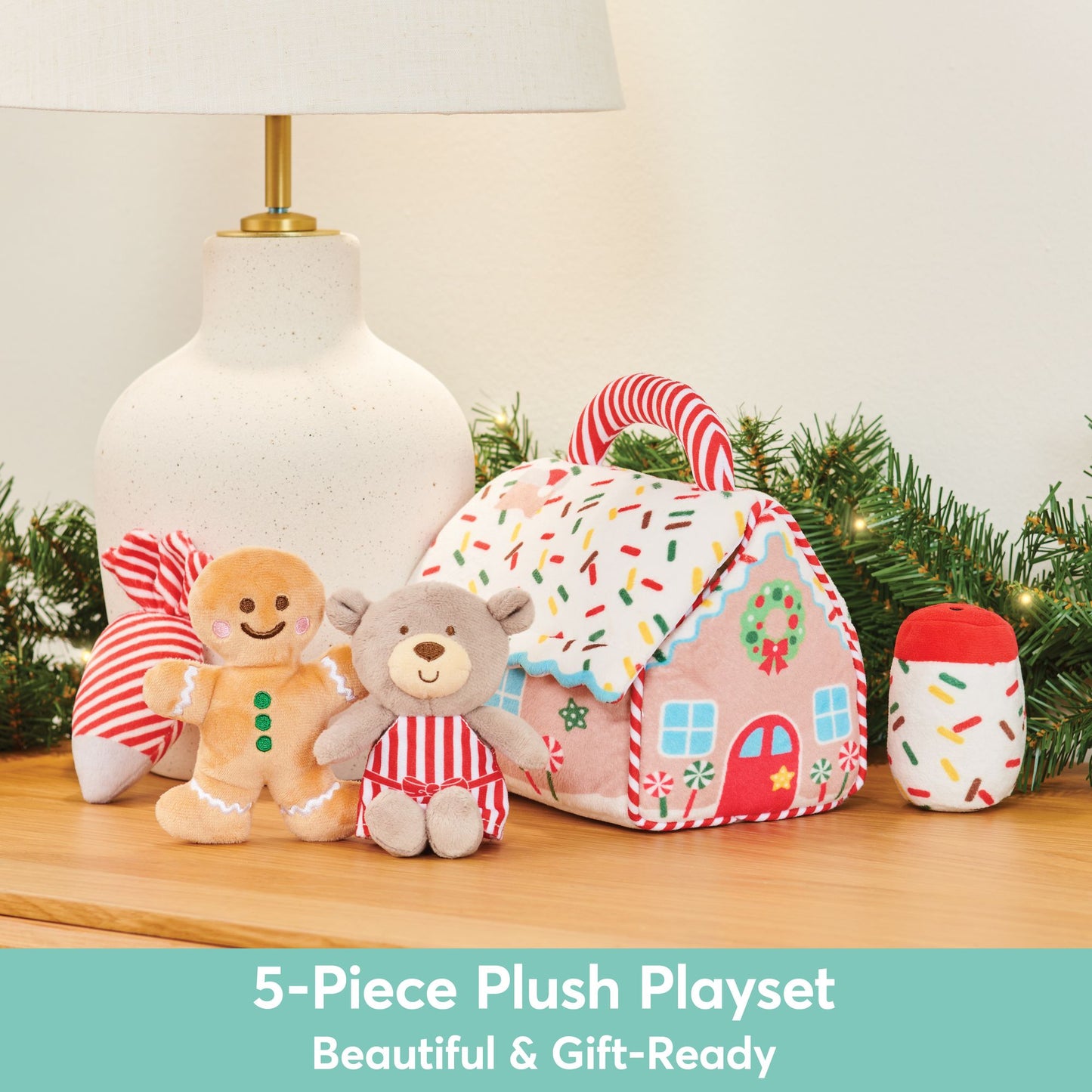 Baby GUND Play Soft Collection, My First Gingerbread House 5-Piece Playset with Rattle Squeaker and Crinkle Plush Toys Sensory Toy for Babies 7.5"