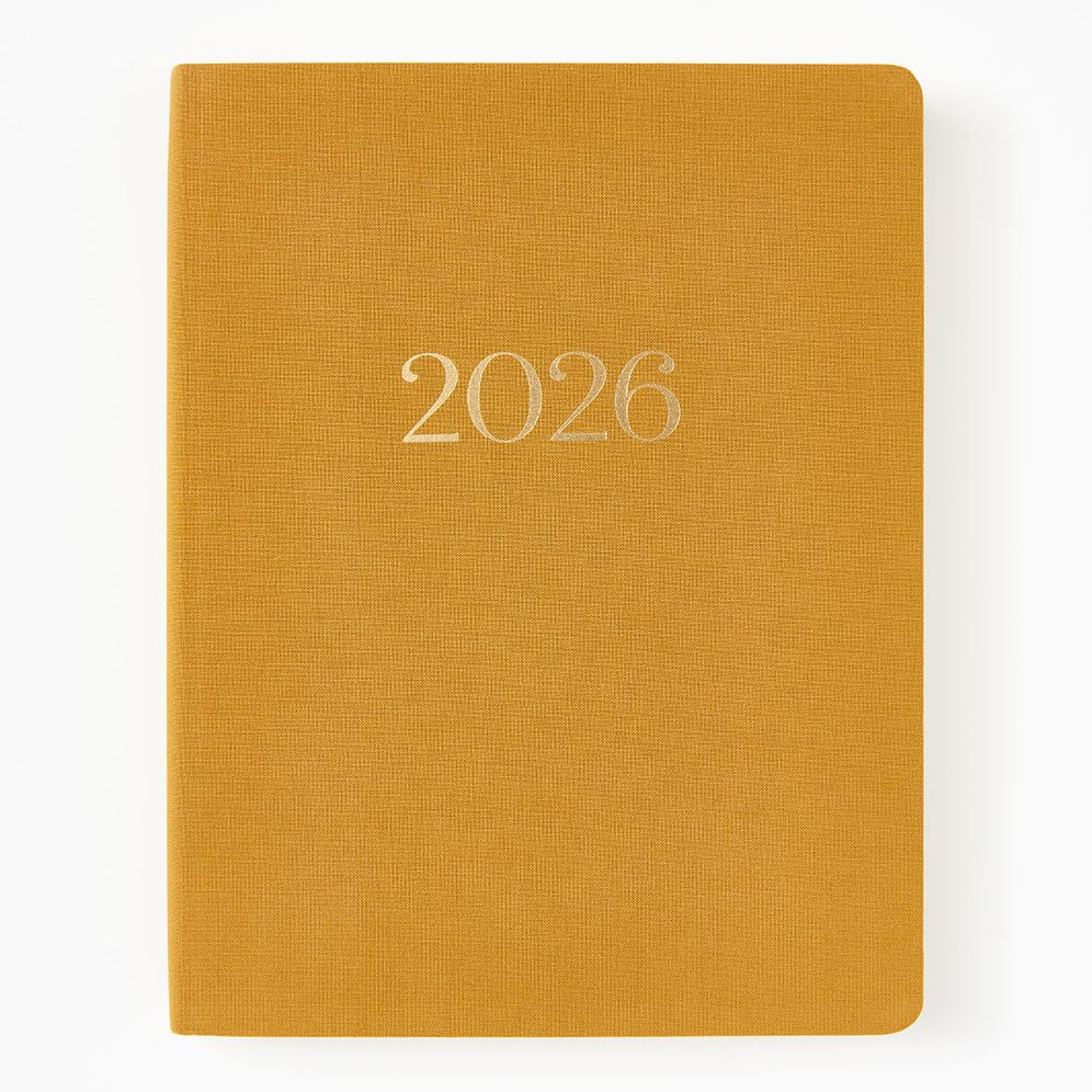 2025-2026 Paper Source Mustard Bookcloth 17-Month Weekly Desk Planner
