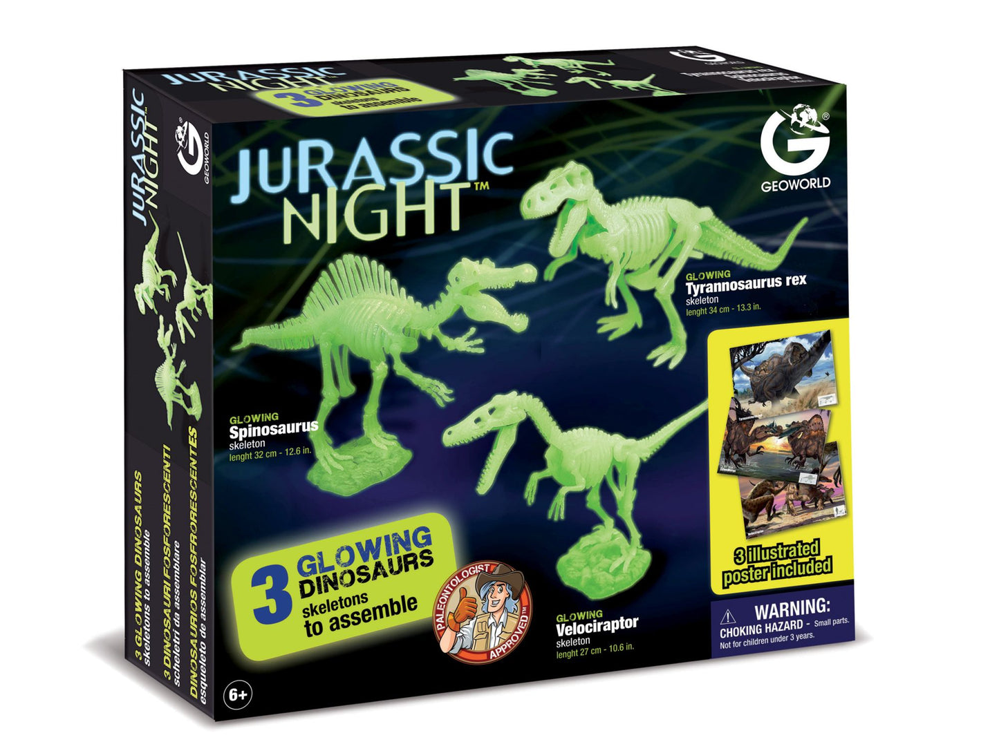 Geoworld Jurassic Night Glow-in-the-Dark Dinosaur Assembly Kit - Tyrannosaurus Rex, Velociraptor, and Spinosaurus