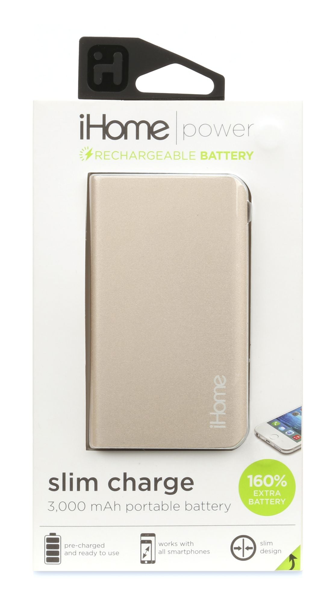 iHome IH-PP2010AD Slim Charge Aluminum Ultra Slim 3,000 mAh Battery Gold