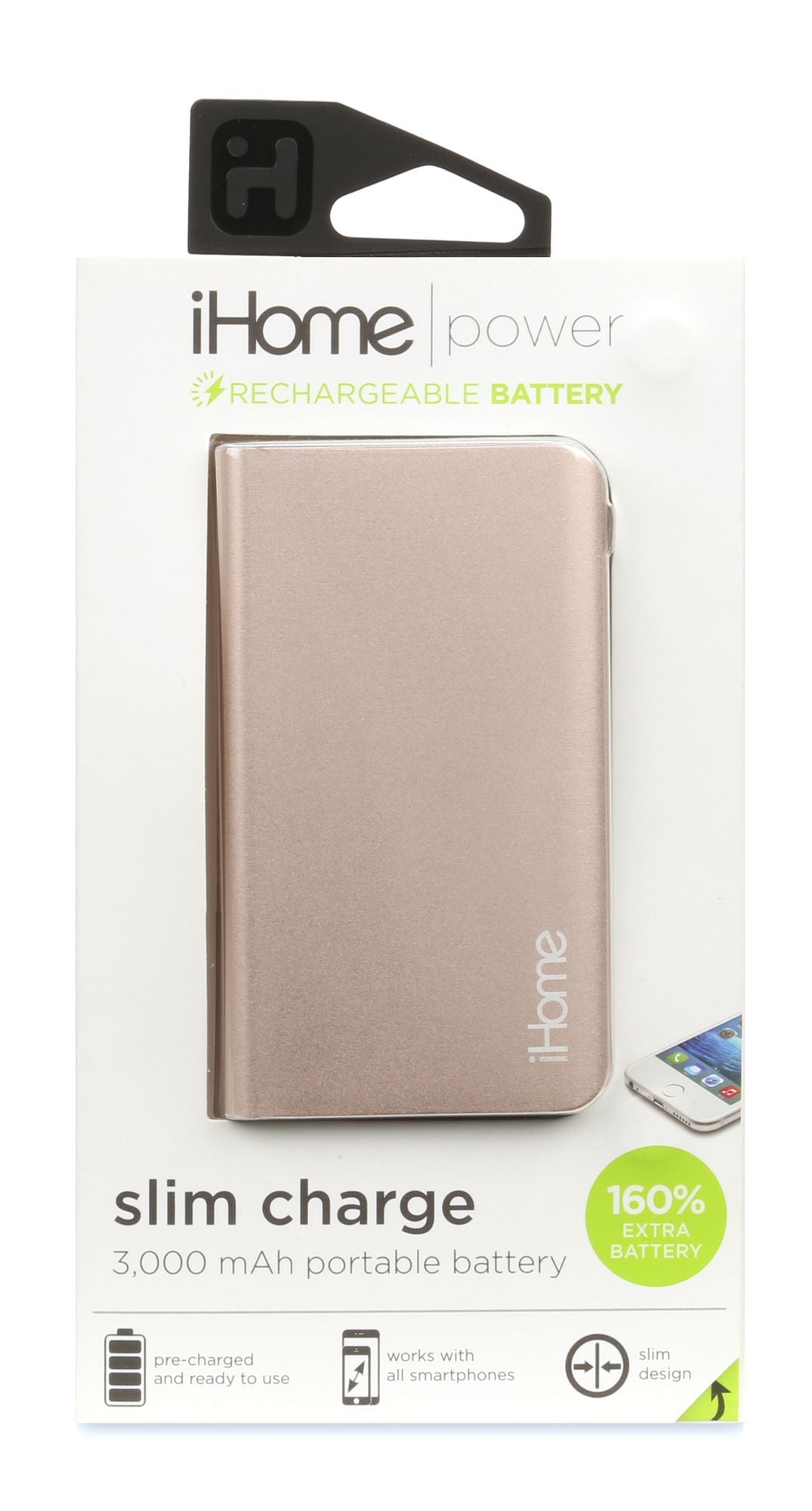iHome IH-PP2010AR Slim Charge Aluminum Ultra Slim 3,000 mAh Battery Rose Gold