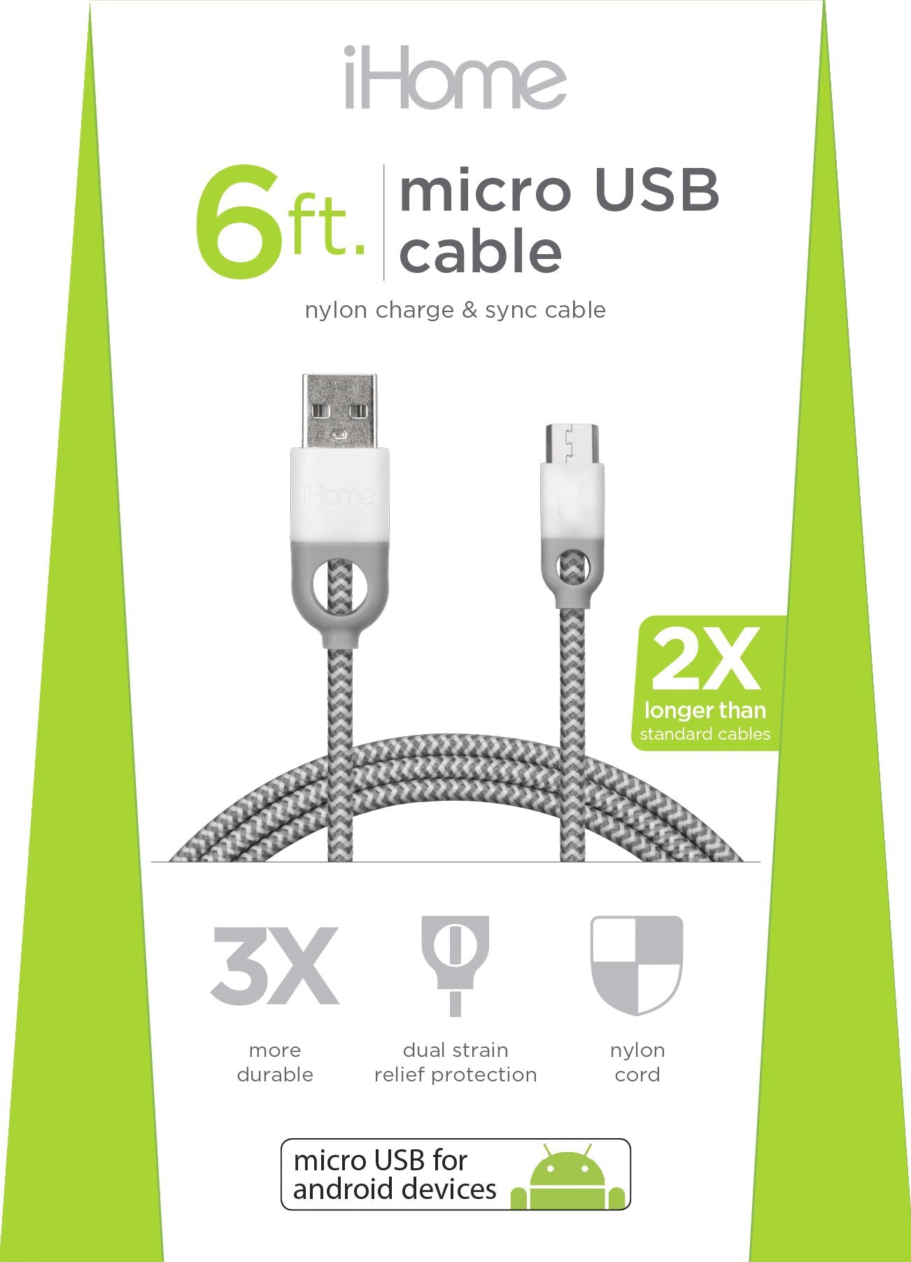 iHome IH-CT2056W 6' Dual Strain Micro USB Cable with Nylon Cord White
