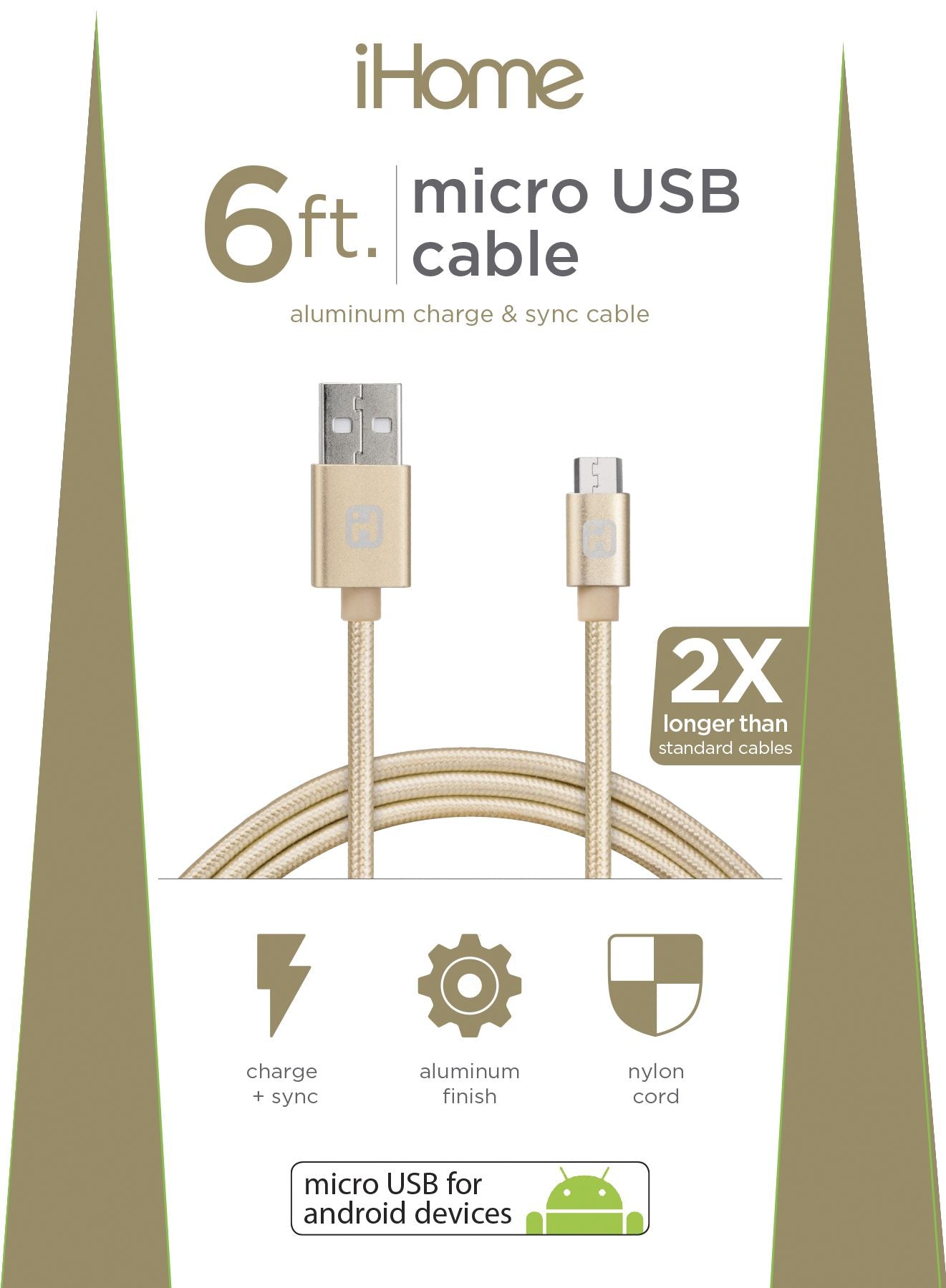 iHome IH-CT2066AD 6' Aluminum Micro USB Cable with Nylon Cord Gold