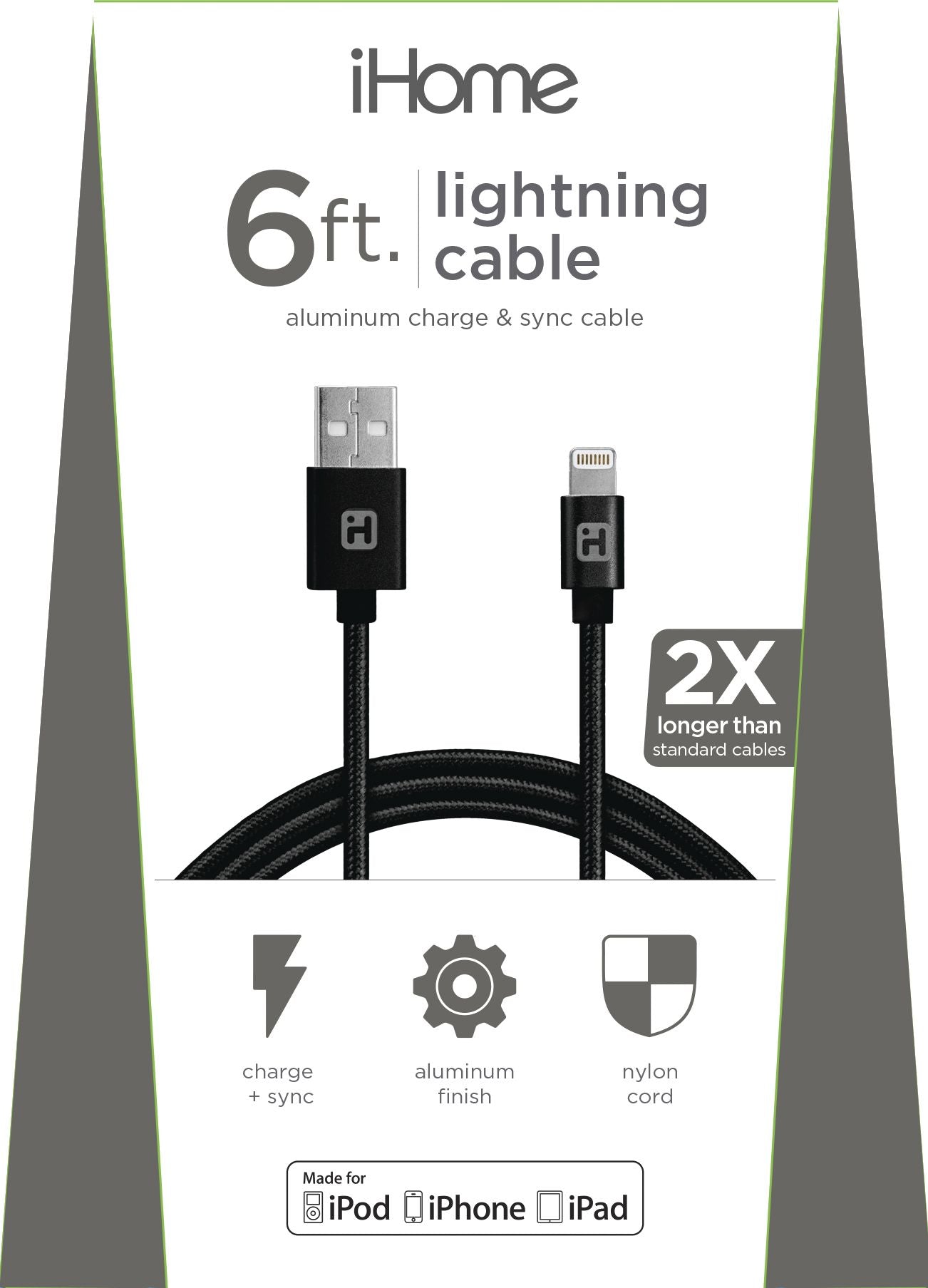 iHome IH-CT1066AJ 6' Aluminum Lightning Nylon Cable Black
