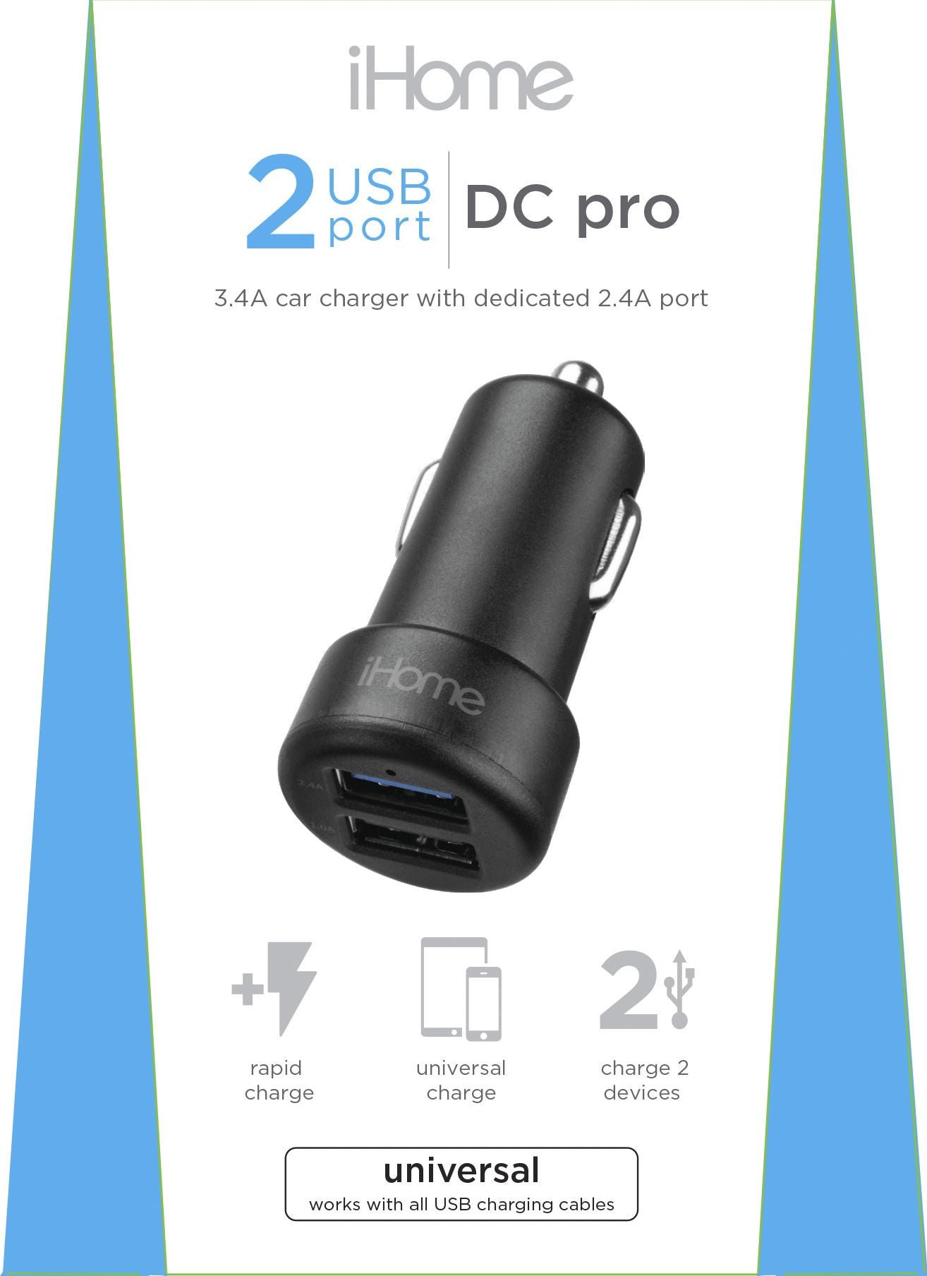 iHome IH-CT548B DC 2 USB Auto-Sense 3.4A Car Charger Black
