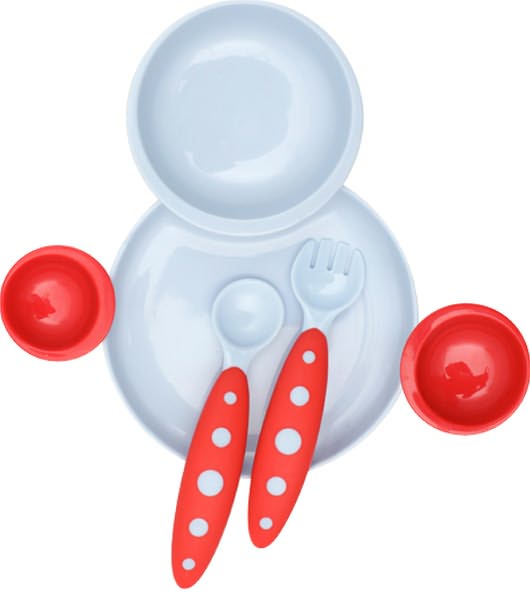 Boon Groovy Intelocking Plate + Bowl Set With Modware In Cherry and Berry Cream
