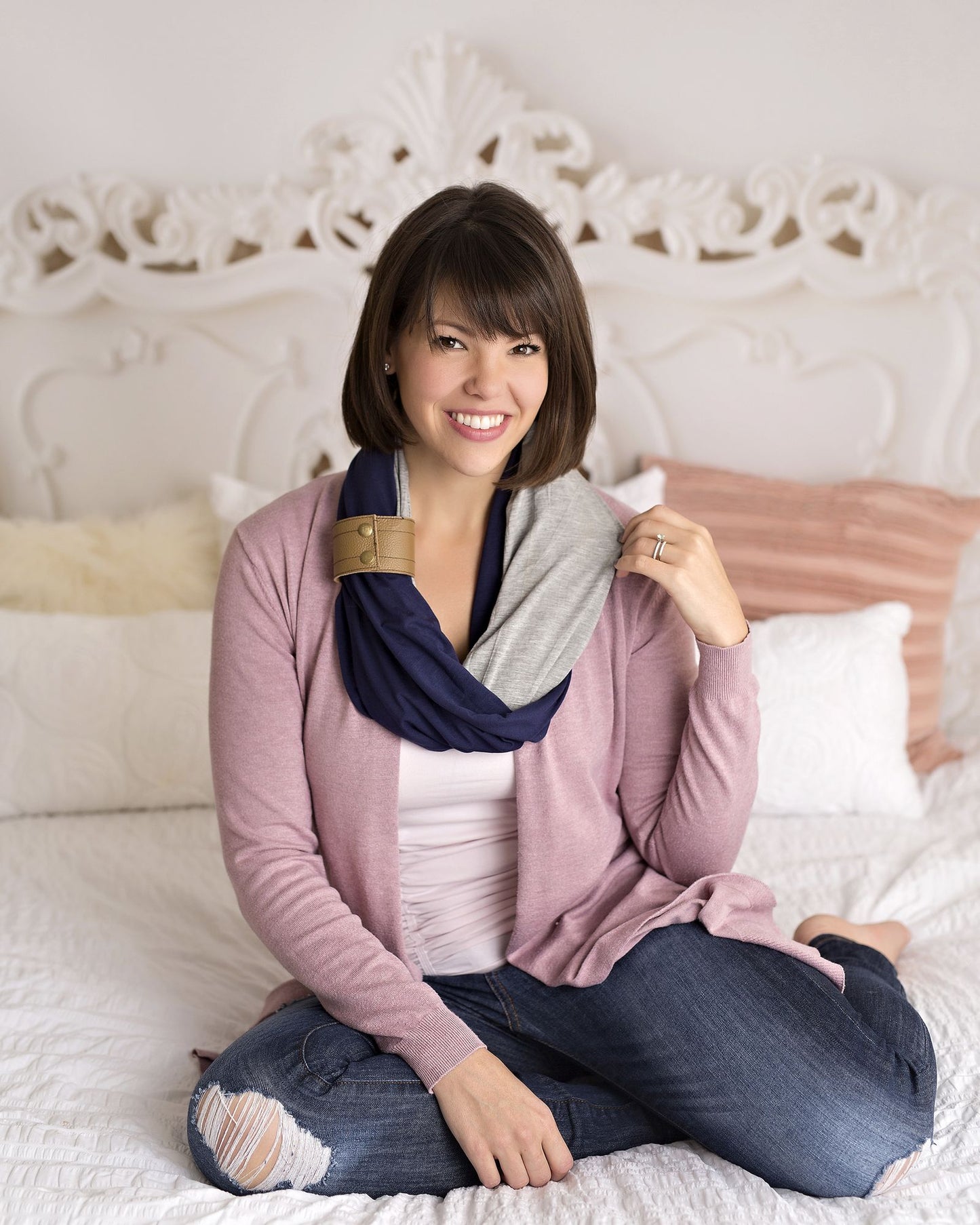 Nursing Scarf with Leather Cuff Navy