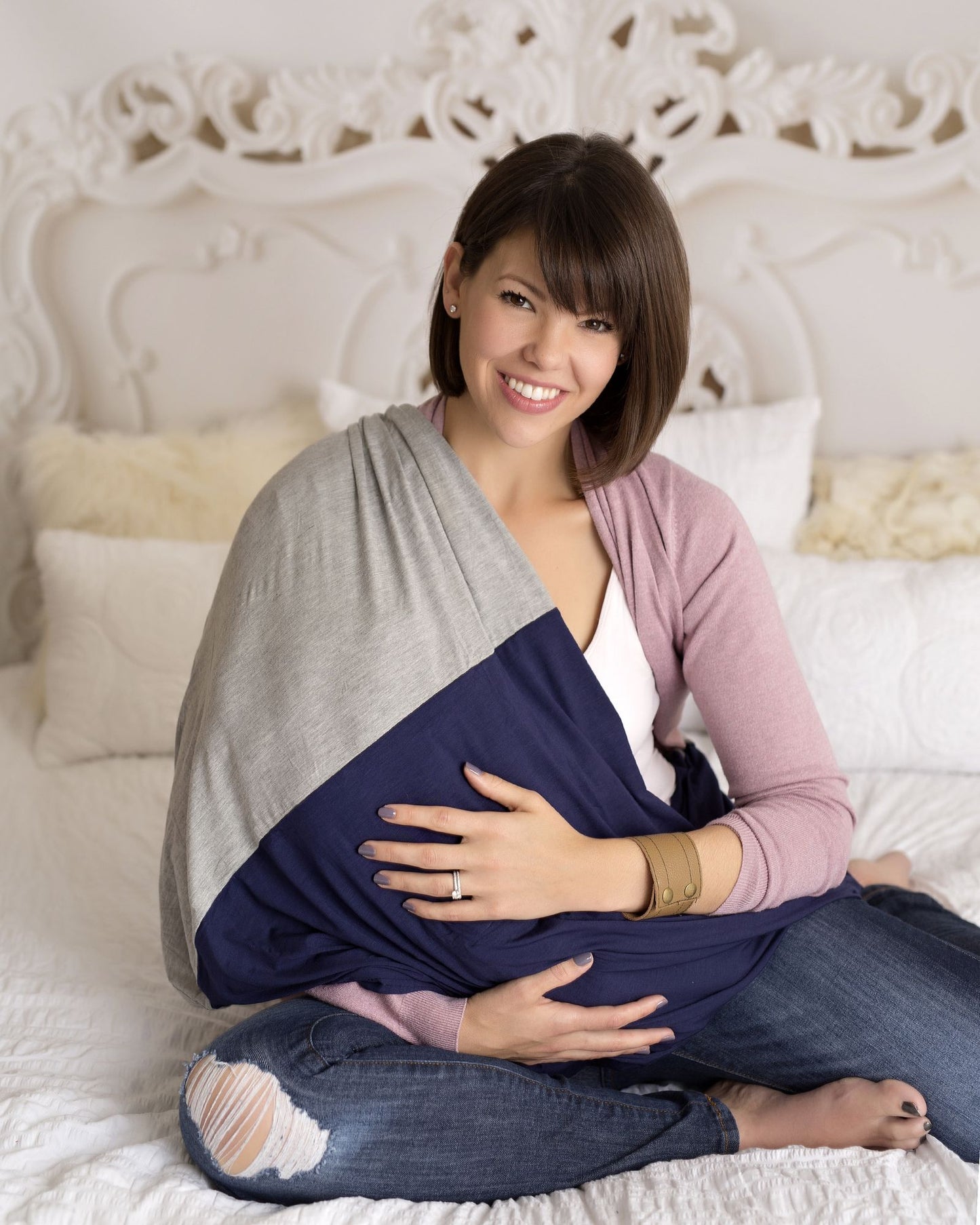 Nursing Scarf with Leather Cuff Navy