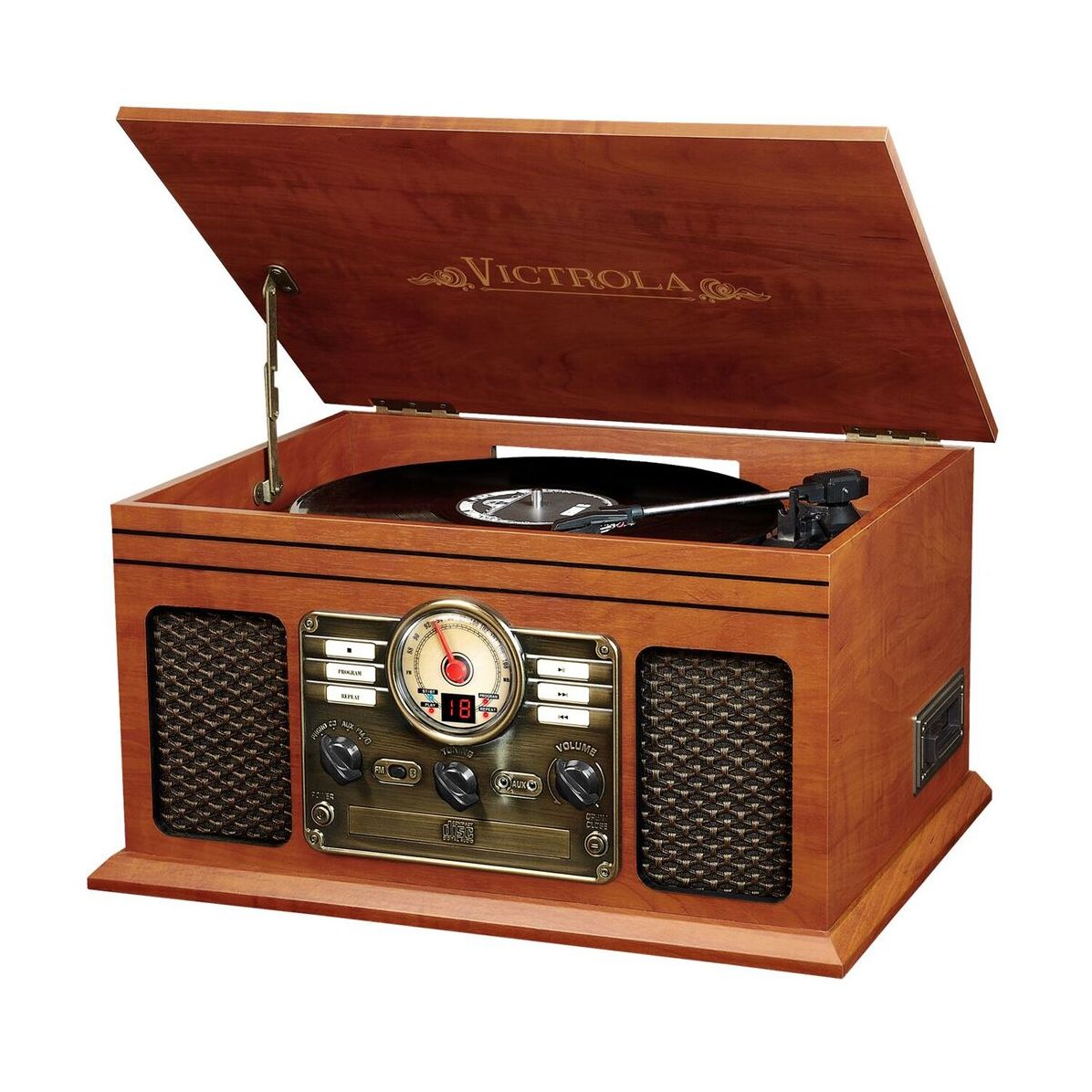 Victrola Wooden 6-in-1 Nostalgic Record Player with Bluetooth and 3 Speed Turntable, Mahogany