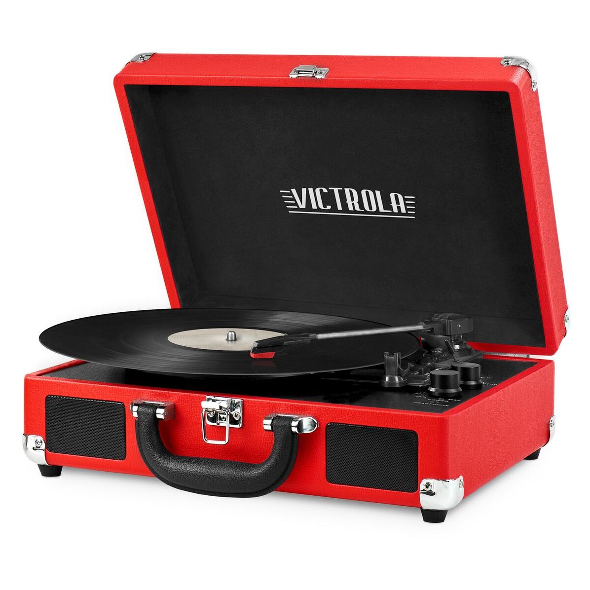 Portable Victrola Suitcase Record Player with Bluetooth and 3 Speed Turntable, Red
