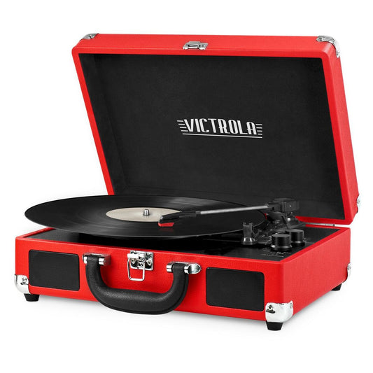 Portable Victrola Suitcase Record Player with Bluetooth and 3 Speed Turntable, Red