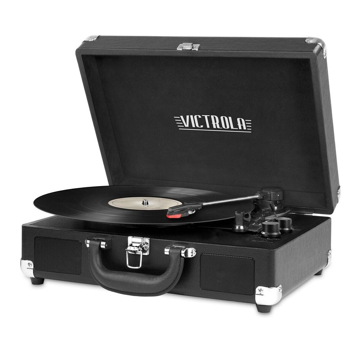 Portable Victrola Suitcase Record Player with Bluetooth and 3 Speed Turntable, Black