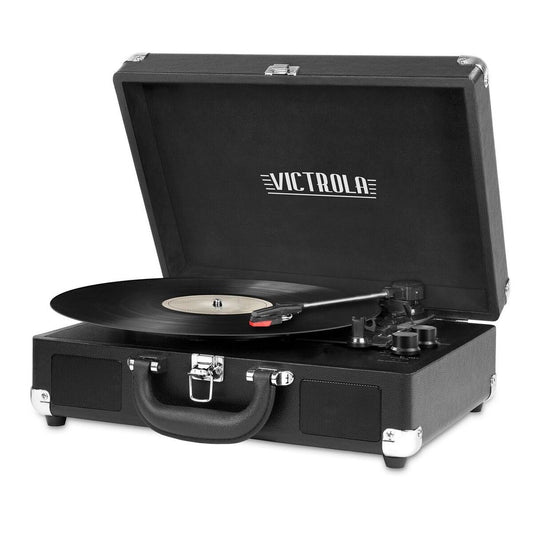 Portable Victrola Suitcase Record Player with Bluetooth and 3 Speed Turntable, Black