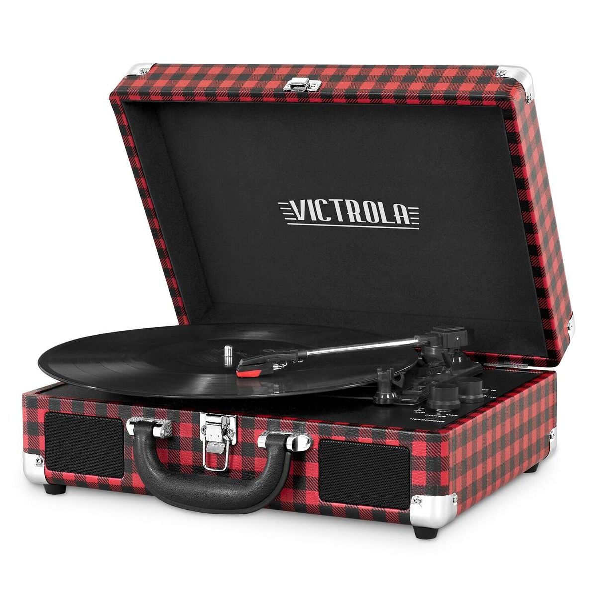 Portable Victrola Suitcase Record Player with Bluetooth and 3 Speed Turntable, Plaid Print