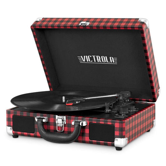 Portable Victrola Suitcase Record Player with Bluetooth and 3 Speed Turntable, Plaid Print